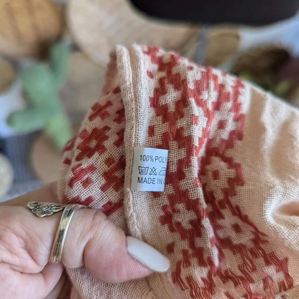 Bohemian Woven Blanket Scarf Cream & Red Hippie Wrap Resortwear Coastal Vacation